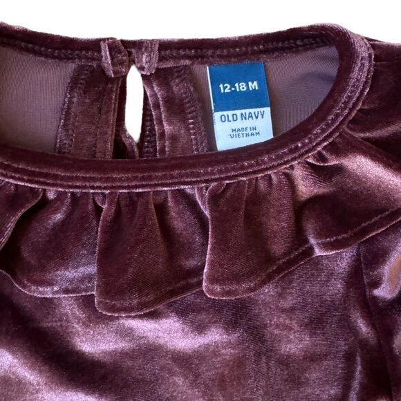 Old Navy Baby Girl Ruffle Velvet Bubble One Piece Romper 12-18M Long Sleeve Maro - Picture 2 of 2